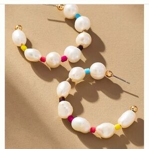 Camila Coelho Colorful Beaded Freshwater White Pearl Hoop Earrings